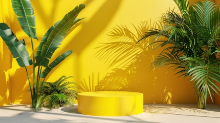 Obraz premium Sunny yellow podium for product showcasing in a 3D tropical summer environment, featuring palm leaves and a simple design