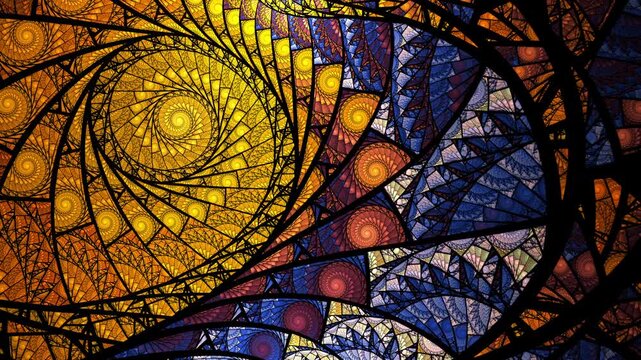 Abstract spiral fractal art background, like stained glass or the sun moving across the sky.
