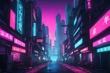 Explore a vibrant nighttime cyberpunk city environment with neon lights and futuristic architecture