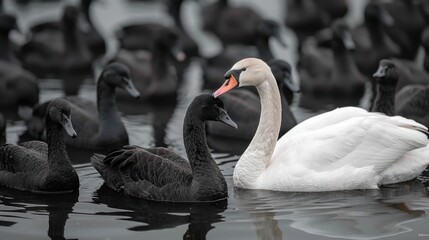 Obraz premium A white swan floats in a lake, surrounded by black swans