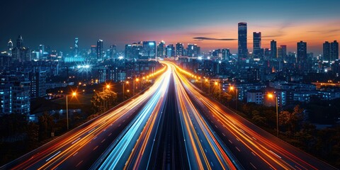 Fototapeta premium City skyline at dusk with highway traffic streaking in colorful lights