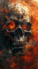 A skull is engulfed in flames, its eyes burning with a fierce intensity