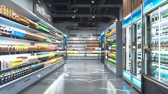 Realistic 3d render interior design of supermarket with shelves full of freezed products, foods. glass display cabinets, gray floors. Shopping goods, retail store business, commercial advertising