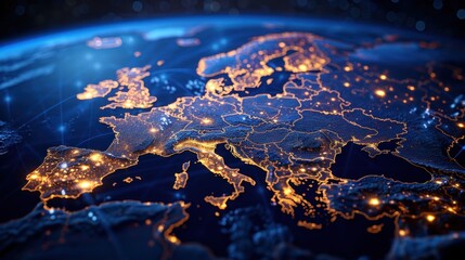 A nighttime satellite view of Europe, showing the illuminated cities and borders of the continent