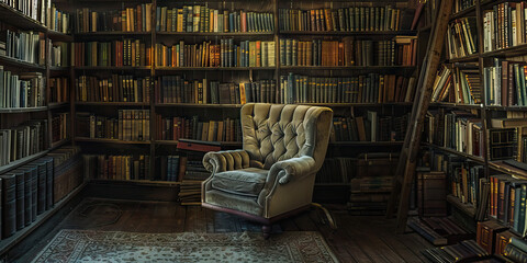 Bookshelves lining the walls are filled with history books, biographies of influential leaders, and other inspirational literature. A plush armchair invites contemplation amidst the scholarly surround