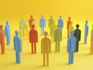 A group of colorful wooden human figures stand on a yellow surface