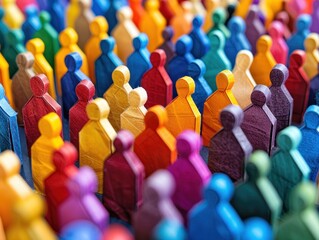 A close-up view of a crowd of colorful, wooden figurines