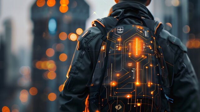 A man in a urban city, wearing a glowing futuristic backpack with orange neon light. Technology in a fashion, fluoroscent sci-fi suit, cyber clothing, modern techwear