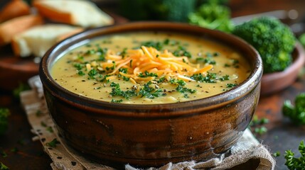 a bowl of broccoli cheddar soup