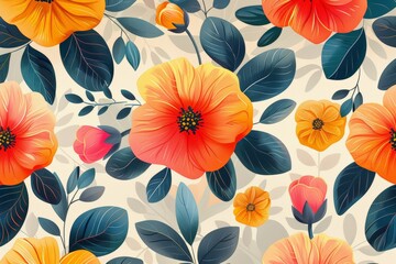 A vivid and colorful floral pattern featuring large, detailed blossoms and lush green leaves, creating a lively and dynamic design.