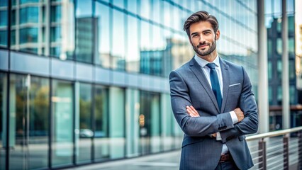 Fototapeta premium Confident young businessman showcases diverse expressions and movements in professional attire against a sleek, modern, minimalist urban background setting.