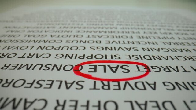 Close-up of a woman's hand working with a document. The word SALE is highlighted in red marker and SHOPPING in the text is highlighted in yellow.