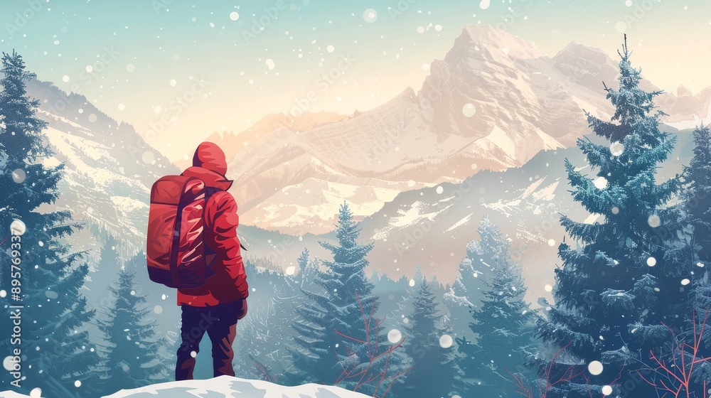 Sticker Solo Hiking in the Snowy Mountains - A lone hiker stands on a snowy mountaintop, gazing at a breathtaking vista. The concept of solitude, exploration, nature, winter, and adventure are depicted.