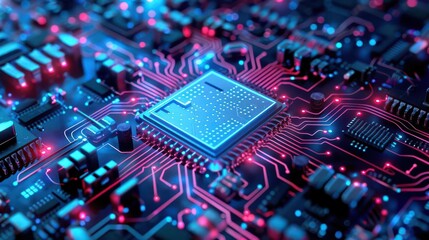Close-up of a modern microprocessor on a circuit board with vibrant lights, showcasing advanced technology and innovation.