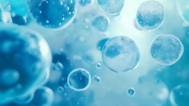 Microscopic view of blue cells floating in a liquid environment. Cellular biology and medical research concept, depicting life at the microscopic level 