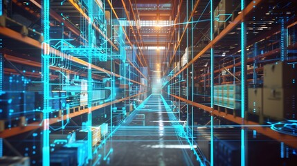 A holographic warehouse with shelves, shipping data elements. AI technology logistics, finance management, digital internet network, business connection, container packaging, product transport, cargo