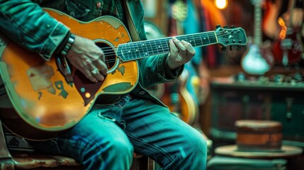 Naklejka premium Close-Up of Musician Playing Acoustic Guitar