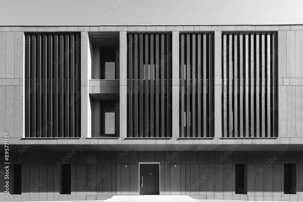 Poster A contemporary building facade emphasizing vertical slats, providing a stylish and modern architectural element that enhances both form and function while adding visual interest.