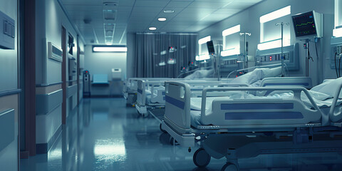 Obraz premium Empty Beds at the ICU: An empty hospital ward, with medical equipment lying idle