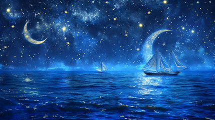 Glowing Crescent Moon Boats: Crescent moons transform into sailboats, gliding across an ocean of midnight blues and shimmering stars.


