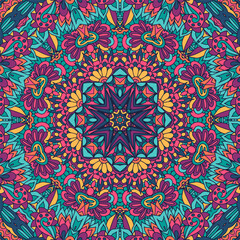 Tribal ethnic indian seamless vector design. Festive colorful mandala art. Geometric medallion fantasy boho ornament.