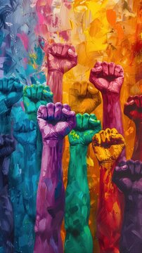 Vibrant raised fists symbolize unity, resistance, and empowerment in a colorful abstract painting.