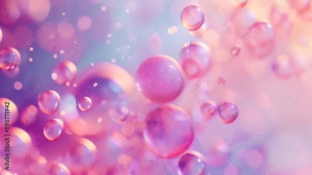 Poster floating pink and purple bubbles with a soft bokeh effect on a pastel background. ideal for themes o