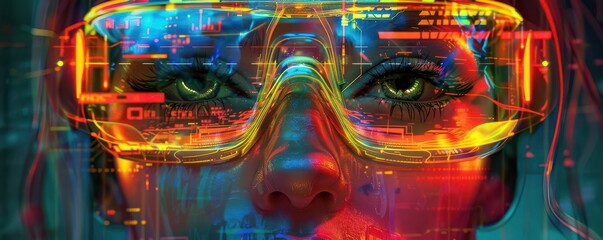 A vibrant portrait featuring a person in futuristic glasses, displaying digital graphics and neon colors in a high-tech environment.