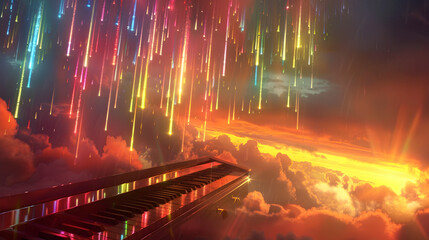 Surreal Piano Keys Rain: Piano keys descend like raindrops from colorful clouds against a sunset sky, each key softly glowing in its own vibrant hue.


