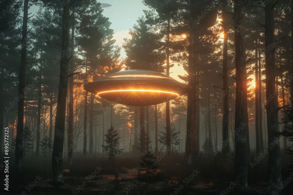 Poster a glowing ufo hovers above the forest at twilight, casting an orange light across the trees as the d