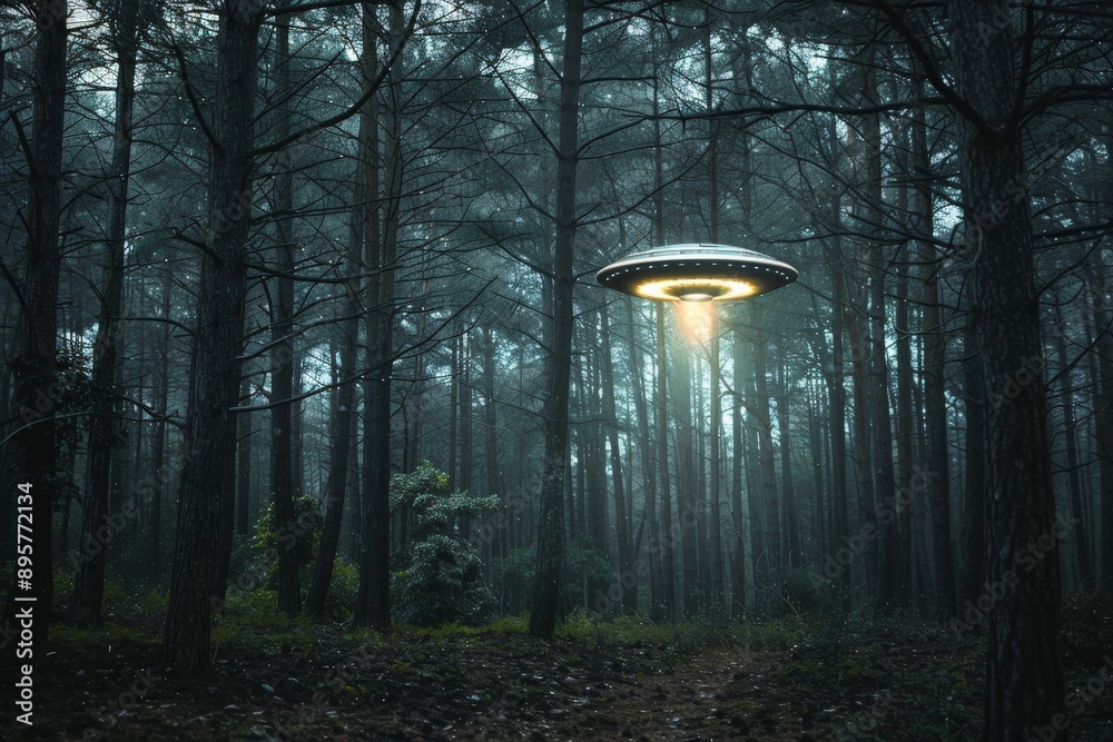 Poster A mysterious UFO hovered in a dark forest, illuminated by its spotlight which pierces through the dense mist and tall trees, creating an enigmatic and haunting scene.