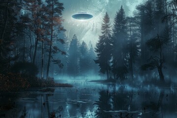 An eerie scene of a mysterious UFO quietly hovering over a misty forest with tall trees reflected in the calm waters of a pond, creating a surreal atmosphere at night.