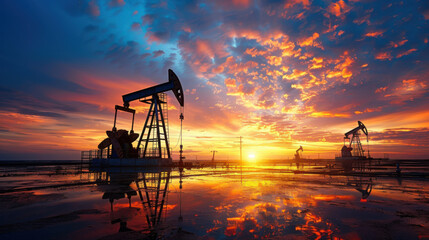 Oil pump jacks are silhouetted against a dramatic sunset, reflecting in a large puddle, illustrating energy production.