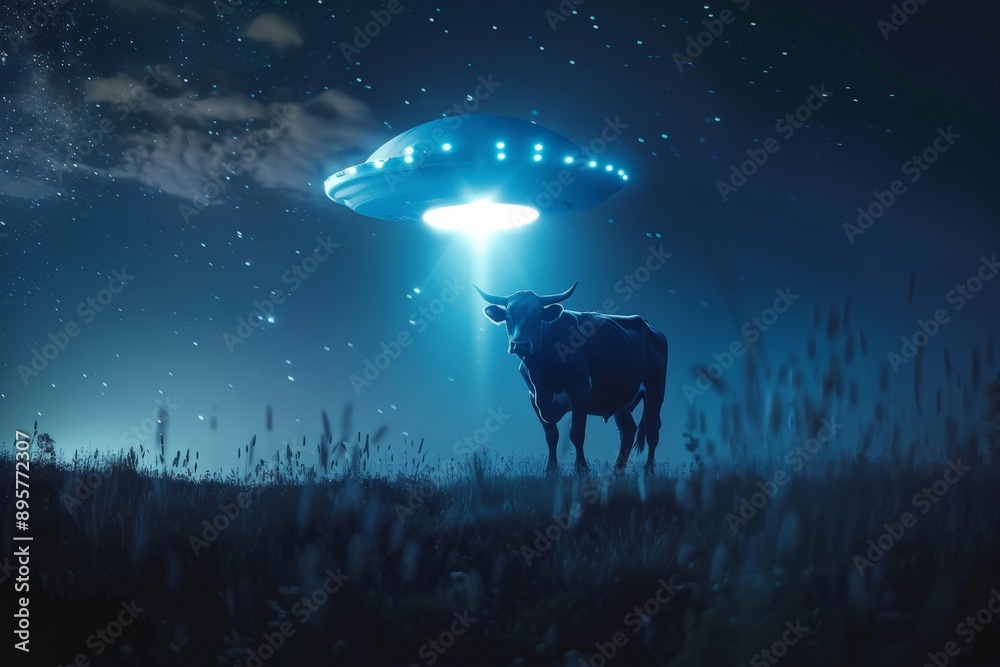 Aufkleber An atmospheric night scene featuring a cow standing in a field as it's being lit up by the beam from a hovering alien spaceship, ready for abduction.