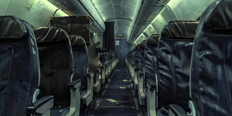 Last Flight Home: An empty airplane aisle, with suitcases stowed away for the final journey.