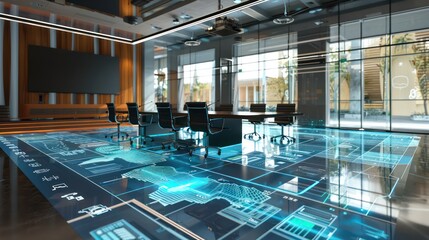 high-tech conference room with a transparent digital floor, showing a live feed of budget adjustments in real-time across various departments