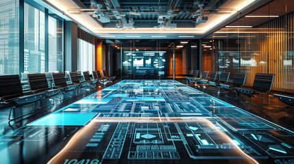 high-tech conference room with a transparent digital floor, showing a live feed of budget adjustments in real-time across various departments
