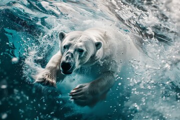 Fototapeta premium A powerful polar bear dives energetically into the cold Arctic waters, creating splashes and waves as it submerges, showcasing raw strength and the beauty of wildlife in motion.