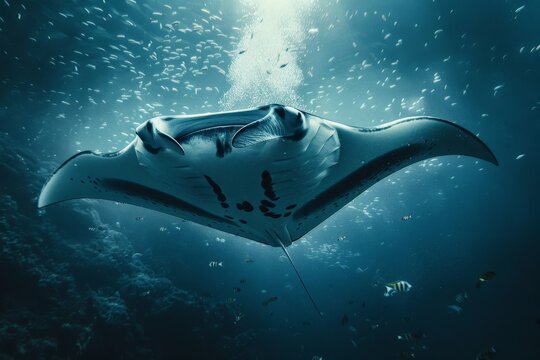 An elegant manta ray swims underneath the ocean's surface as beams of sunlight pierce the water, creating a mesmerizing pattern while surrounded by a shoal of smaller fish.