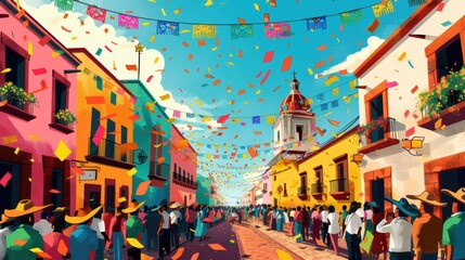 Naklejka premium Vibrant Mexican street festival with confetti, colorful banners, and a crowd of people celebrating.