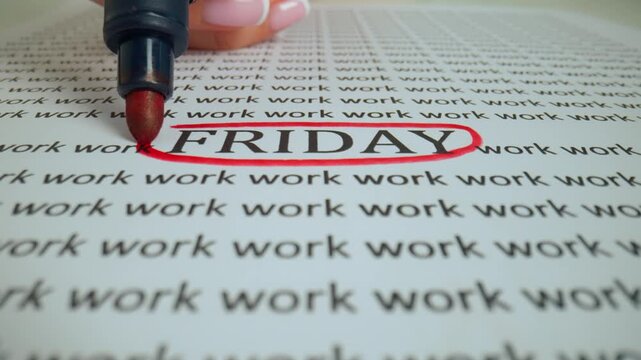 Close up shot of woman hand drawing on document, red marker in female hand marked circled a word friday in text.