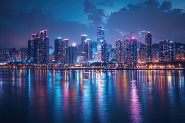 Urban Nightscape: Vibrant City Skyline with Glowing Lights and Water Reflections - Sony A7 IV Night Photography