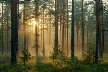 Obraz premium Sunbeams Through the Misty Forest