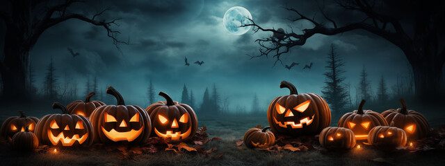Row of Jack-O'-Lanterns in a Haunted Forest With Moonlit Sky And Bats
