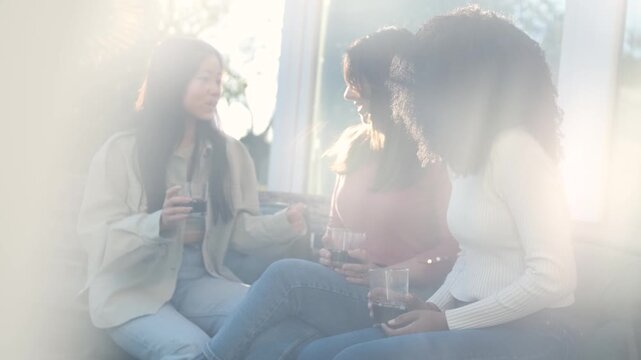 Smiling female friends talking in backyard on weekend party