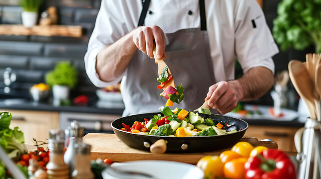A chef preparing a nutritious vegetable stir-fry in a modern kitchen 
