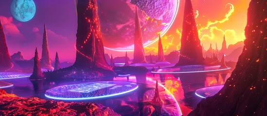 A futuristic planet with massive glowing spires, neon lakes, and floating holographic platforms under a vibrant, electric sky.