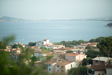Obraz premium City with water, buildings, and green plants in the background