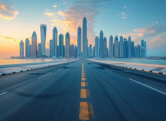 Asphalt Road Leading to Skyscrapers at Dawn
