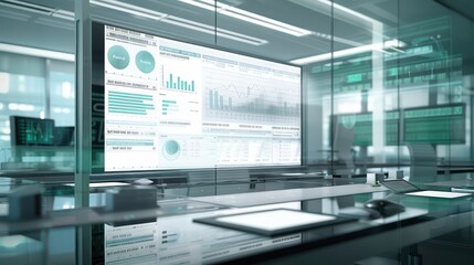 Fototapeta premium high-tech financial analysis lab with a large, transparent screen displaying a 3D model of a corporate budget, with areas to interact and modify